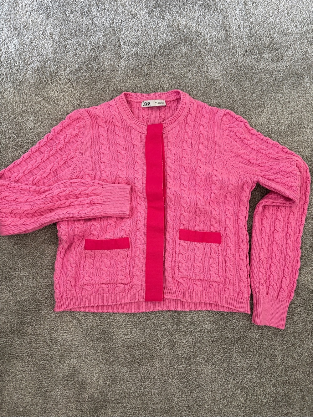Zara Hot Pink Cable-Knit Cardigan with Contrast Placket